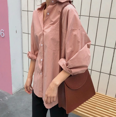 2 PCs Spring Autumn Women Shirts White Plain Loose Oversized Blouses Female Tops Loose BF Korean Style Blusas Pockets Without Bag