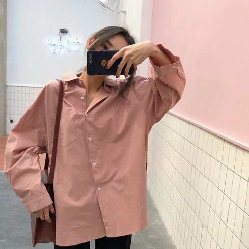 2 PCs Spring Autumn Women Shirts White Plain Loose Oversized Blouses Female Tops Loose BF Korean Style Blusas Pockets Without Bag