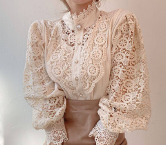 Petal Sleeve Stand Collar Hollow Out Flower Lace Patchwork Shirt Female Blusas All-match Women Lace Blouse Button White Top