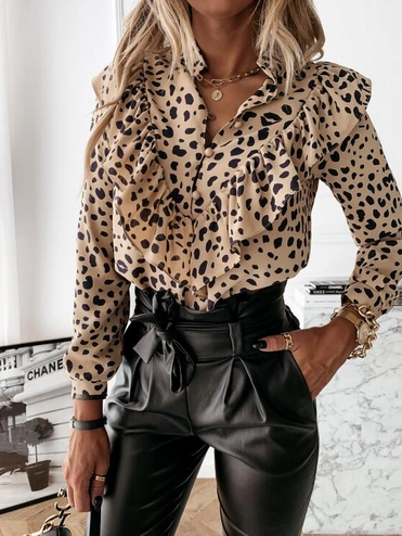 2 Sets Women Elegant Ruffle Blouse Shirts Polka Dot Leopard Blouses Femme Summer V-Neck Long Sleeve Casual Tops Plus Size Women