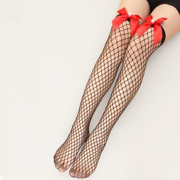 Net red sexy pearl BOW LACE fishing net socks medium long tube mesh socks Laurie long knee length silk stockings women