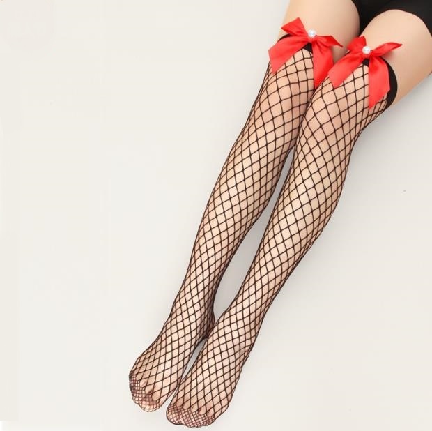 Net red sexy pearl BOW LACE fishing net socks medium long tube mesh socks Laurie long knee length silk stockings women