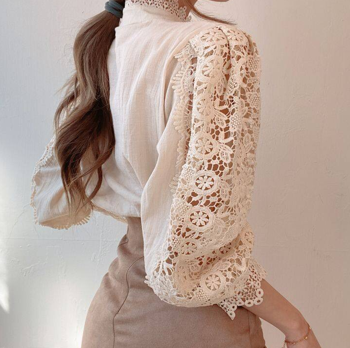 Petal Sleeve Stand Collar Hollow Out Flower Lace Patchwork Shirt Female Blusas All-match Women Lace Blouse Button White Top