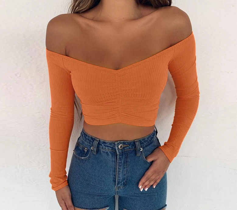 women T-shirts sexy and club fashion female T-shirt long sleeve off shoulder solid color lady T-shirt autumn basic tees