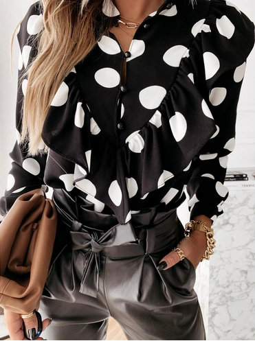 2 Sets Women Elegant Ruffle Blouse Shirts Polka Dot Leopard Blouses Femme Summer V-Neck Long Sleeve Casual Tops Plus Size Women