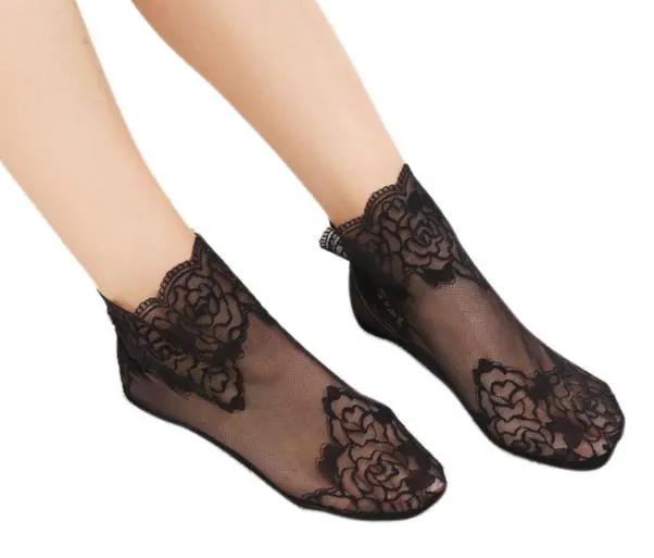 Thin lace women's socks sweat absorbing anti-skid medium tube mesh stockings all cotton bottom ship stockings invisible stockings lace stockings