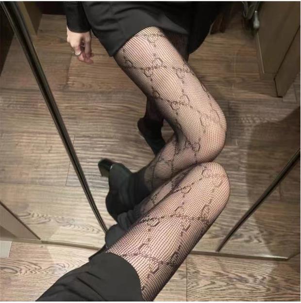 Spot double G letter white bottomed white silk stockings women's black thin Lace Sexy fishing net stockings net stockings