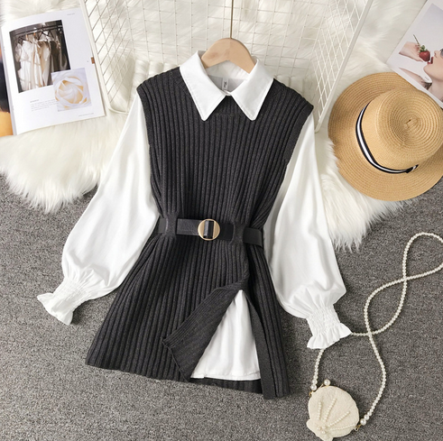 2 PCs set spring autumn Long lantern sleeve shirt women knitted vest women Shirts Sleeveless Sweater tops