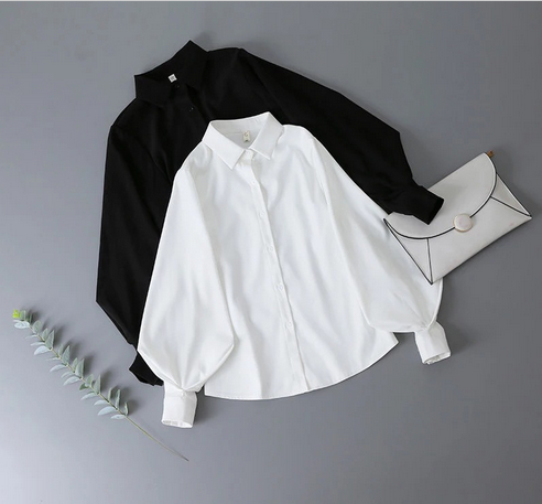 2 Sets Lantern Sleeves Vintage Shirts Women Elegant White Women Blouse with Lush Sleeves Fashion Button Up Shirt Black Without Skirt