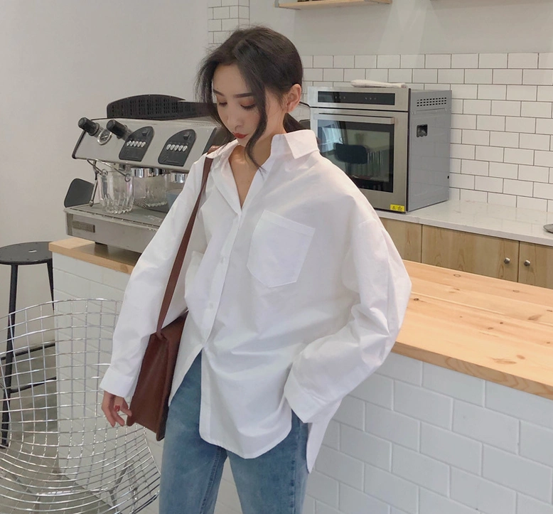 2 PCs Spring Autumn Women Shirts White Plain Loose Oversized Blouses Female Tops Loose BF Korean Style Blusas Pockets Without Bag