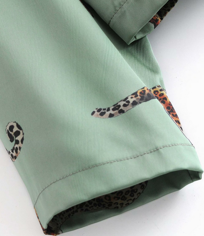 2 PCs Animal Leopard Satin Shirt Pajama Suits Elastic Waist Wide Leg Pants Women Loose Long Sleeve Blouse Tops Set