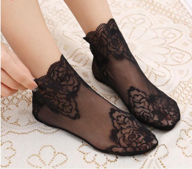 Thin lace women's socks sweat absorbing anti-skid medium tube mesh stockings all cotton bottom ship stockings invisible stockings lace stockings