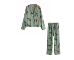 2 PCs Animal Leopard Satin Shirt Pajama Suits Elastic Waist Wide Leg Pants Women Loose Long Sleeve Blouse Tops Set