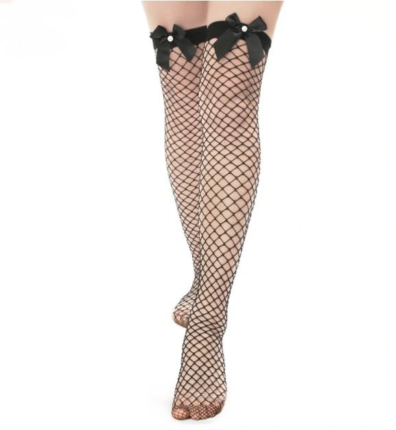 Net red sexy pearl BOW LACE fishing net socks medium long tube mesh socks Laurie long knee length silk stockings women