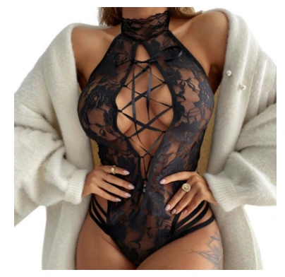 Women Erotic Hot Sex Turtleneck See-Through Lace Floral Sleeveless Bandage Transparent  Costumes Sexy Lingerie