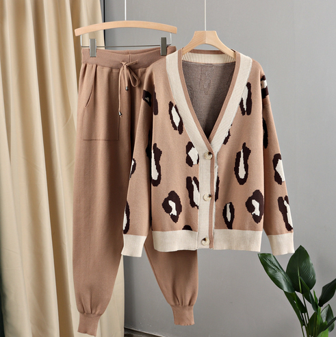Autumn Oversized Women Cardigan Sweater Tracksuits Leopard Knitted Jumper Suits + Harem Pants 2/Two Pieces Winter Sets