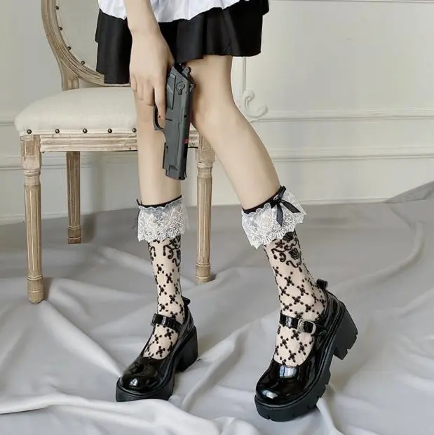 Lolita lace calf socks summer slim glass stockings JK socks bow stockings Lolita
