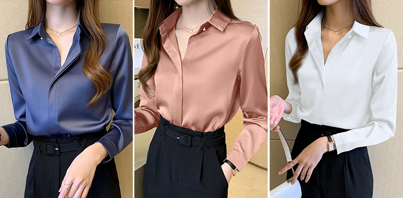 Silk Shirts Women White Shirt Women Long Sleeve Shirts Blouse Office Lady Satin Silk Blouse Tops Plus Size Woman Basic Shirt Top