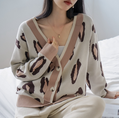 Autumn Oversized Women Cardigan Sweater Tracksuits Leopard Knitted Jumper Suits + Harem Pants 2/Two Pieces Winter Sets