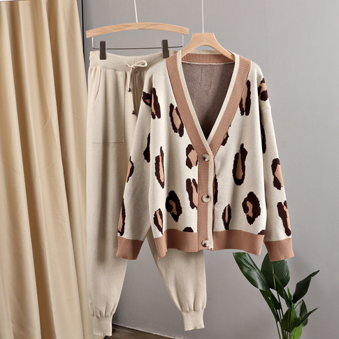 Autumn Oversized Women Cardigan Sweater Tracksuits Leopard Knitted Jumper Suits + Harem Pants 2/Two Pieces Winter Sets