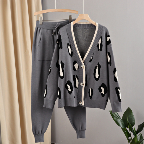 Autumn Oversized Women Cardigan Sweater Tracksuits Leopard Knitted Jumper Suits + Harem Pants 2/Two Pieces Winter Sets