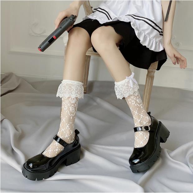 Lolita lace calf socks summer slim glass stockings JK socks bow stockings Lolita