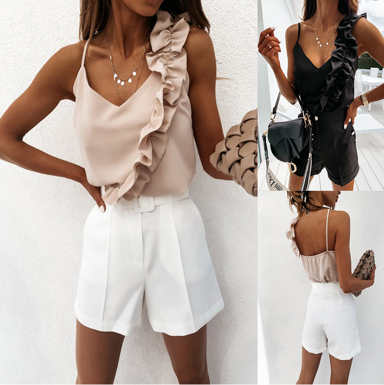 2 PCs Women Summer Blouse Shirts Sexy V-Neck Ruffle Blouses Backless Spaghetti Strap Office Ladies Sleeveless Casual Tops