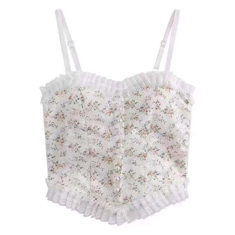 Sweet wind wood ear broken flower lace small suspender vest, slim fit, wearing a bottomed back bra