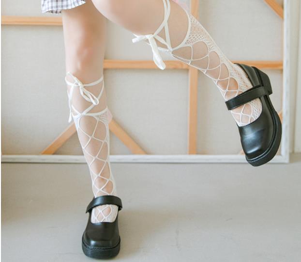 Bow tie strap hollow calf socks lace white pure desire medium tube socks beautiful legs JK socks summer thin mesh socks