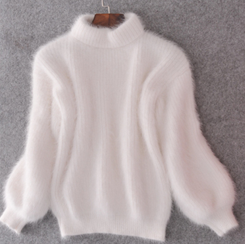 2 PCs White Mohair Thicken Turtleneck Sweater Autumn Winter Sweet Fashion Lantern Sleeve Casual Solid Color Pullover pull femme
