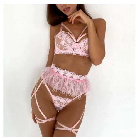 Sexy Underwear Floral Lace Feather Skirt Bondage Bra and Panty Female Breves Sets Cute Transparent Sensual Lingerie Woman