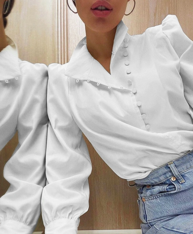 Elegant Turtleneck Blouse Long Sleeve White Shirt Office Ladies Top Casual Solid Single-Breasted Puff Sleeve Women Blouses