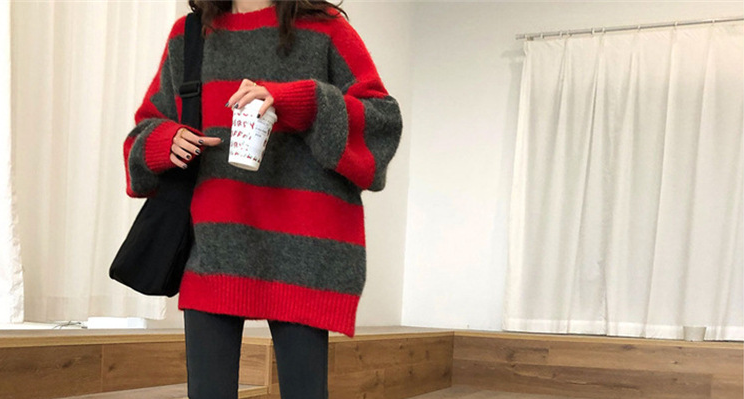 Winter New Women's Sweater Plus Size Striped Knit Bottoming Shirt Korean Version Loose And Thin Lazy Student Oversized Top
