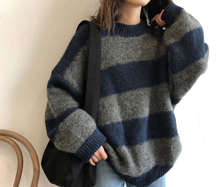 Winter New Women's Sweater Plus Size Striped Knit Bottoming Shirt Korean Version Loose And Thin Lazy Student Oversized Top