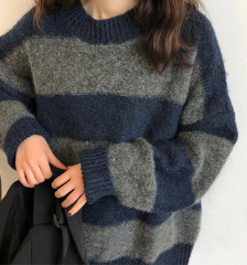 Winter New Women's Sweater Plus Size Striped Knit Bottoming Shirt Korean Version Loose And Thin Lazy Student Oversized Top