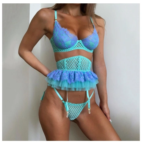 3-Piece Lace Bra Set Women Contrast Color Mesh Patchwork Lingerie Set Ladies Hallow Out Sexy Underwear Set