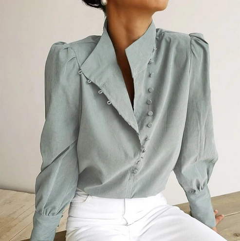 Elegant Turtleneck Blouse Long Sleeve White Shirt Office Ladies Top Casual Solid Single-Breasted Puff Sleeve Women Blouses