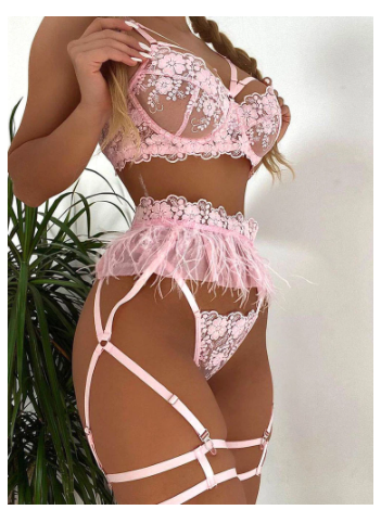 Sexy Underwear Floral Lace Feather Skirt Bondage Bra and Panty Female Breves Sets Cute Transparent Sensual Lingerie Woman