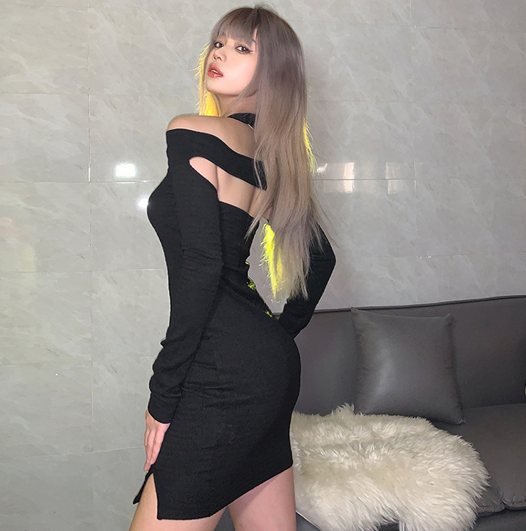 2 PCs Machine Hot Girl Style Black Sheath Knee-Length Dress Female Halter-neck Autumn Sexy Slim Long-sleeve High-waist Hip Short Dress