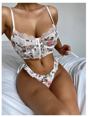 2pcs Underwear Set Bra Set Floral Embroidery Sexy Exotic Women Lingerie Set Ruffle Lace Underwear Push Up Bra Brief Panties