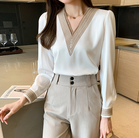 2 PCs Long Sleeve White Blouse Tops Blouse Women Blusas Mujer De Moda Embroidery V-Neck Chiffon Blouse Shirt Women Blouses