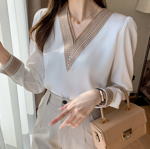 2 PCs Long Sleeve White Blouse Tops Blouse Women Blusas Mujer De Moda Embroidery V-Neck Chiffon Blouse Shirt Women Blouses