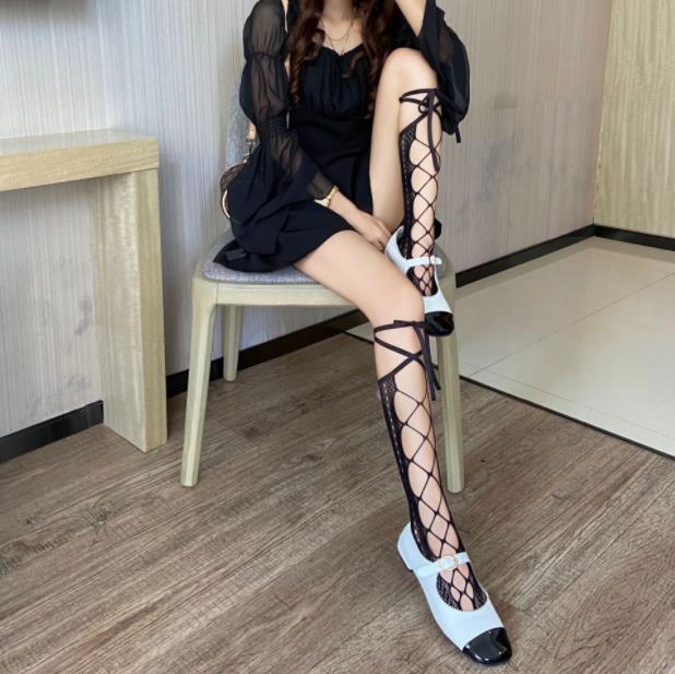 Spring and summer Department hollow out sweet bow cross bandage medium tube socks lace JK calf socks Lolita net socks women