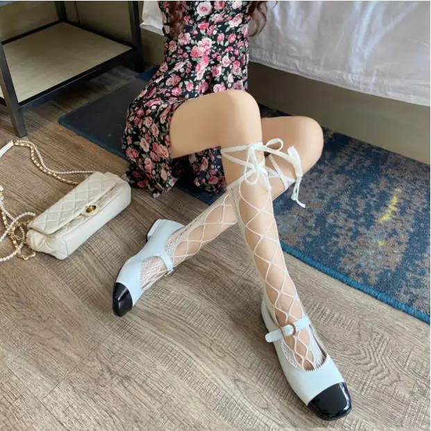 Spring and summer Department hollow out sweet bow cross bandage medium tube socks lace JK calf socks Lolita net socks women