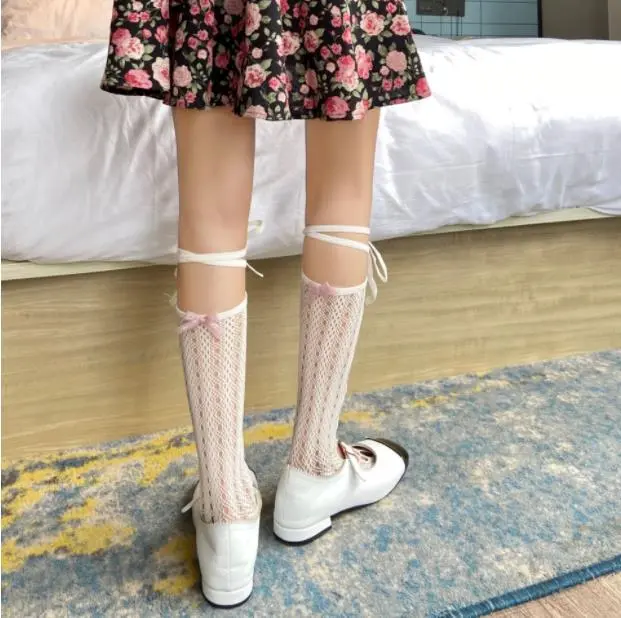 Spring and summer Department hollow out sweet bow cross bandage medium tube socks lace JK calf socks Lolita net socks women