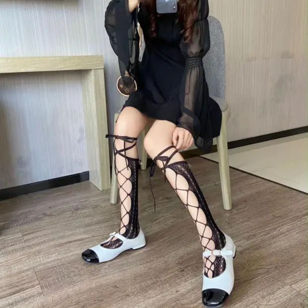 Spring and summer Department hollow out sweet bow cross bandage medium tube socks lace JK calf socks Lolita net socks women