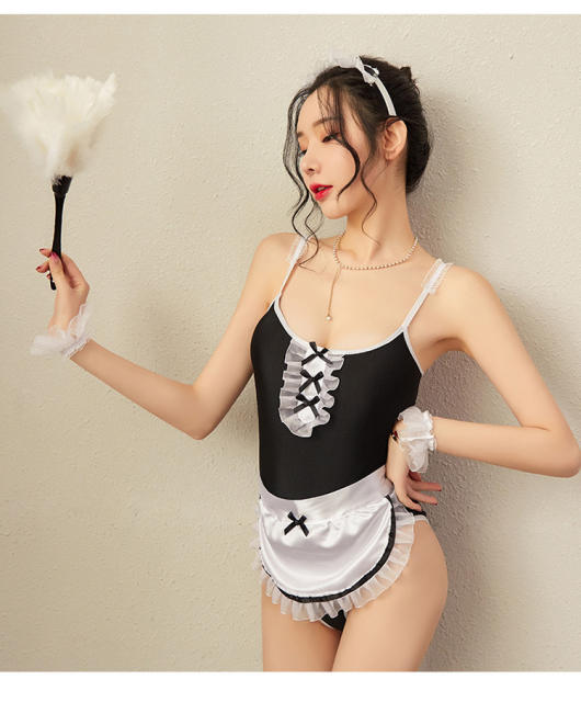 erotic lingerie uniform seduces sexy playful apron concealed button open maid jumpsuit set
