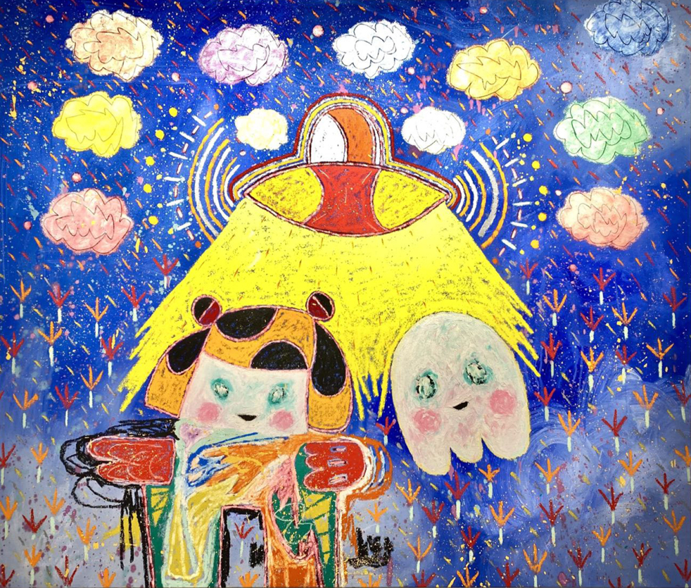 柔和的彩虹糖夜空下的好奇睡衣女孩和小幽靈 / Curious Pajama Girl and Ghost Under a Soft Evening Skittle Sky