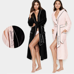 Pink black hooded flannel autumn and winter nightgown thickened medium long morning gown female coral velvet