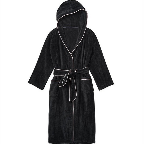 Pink black hooded flannel autumn and winter nightgown thickened medium long morning gown female coral velvet